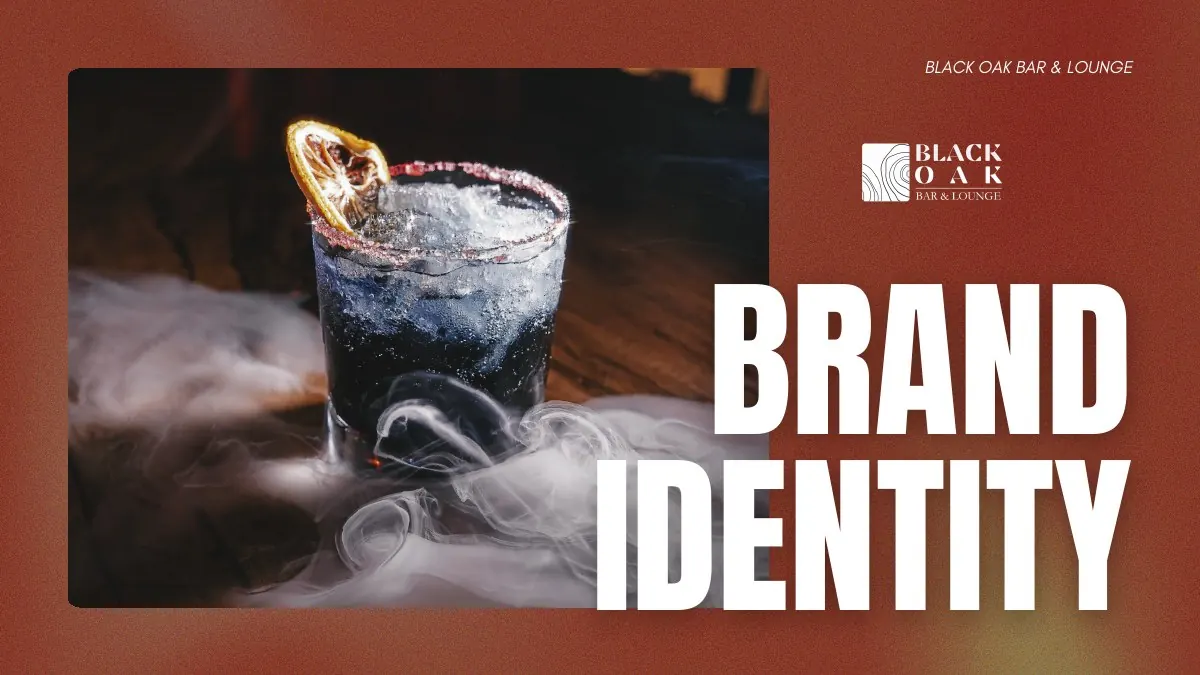 Black Oak brand identity cover with a smoked cocktail