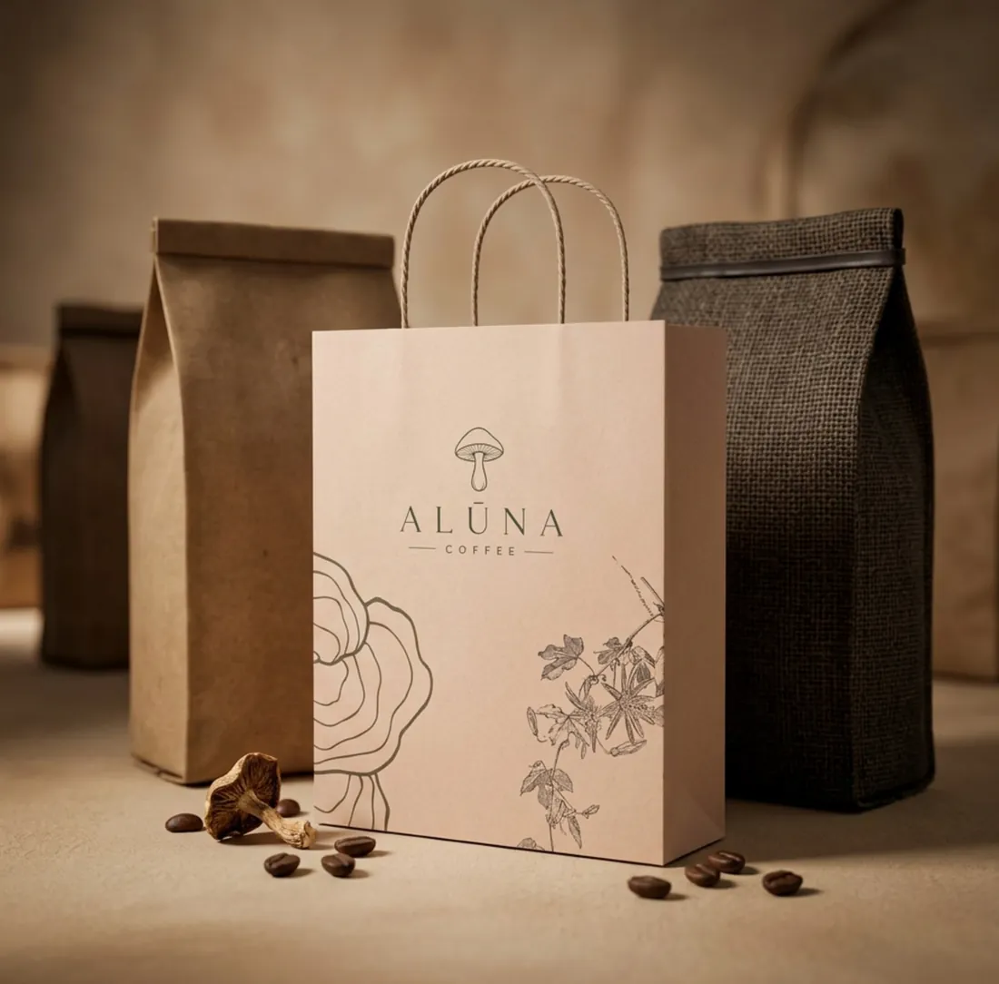 Aluna Coffee paper bag and coffee pouches