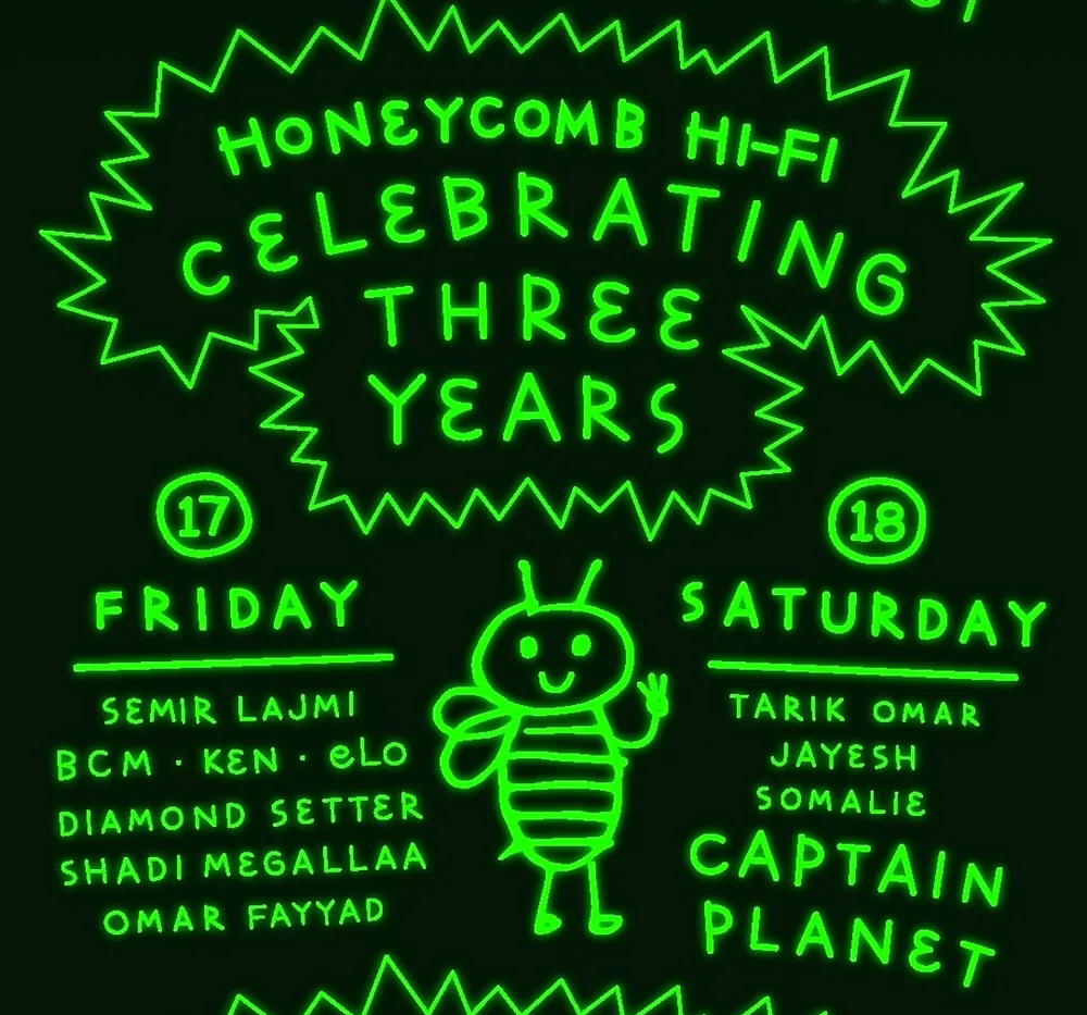 Honeycomb Hi-Fi celebrating three years poster with the birthday weekend line-up