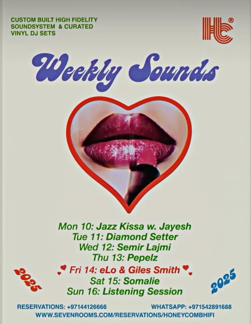 Weekly Sounds poster with red lips inside a heart