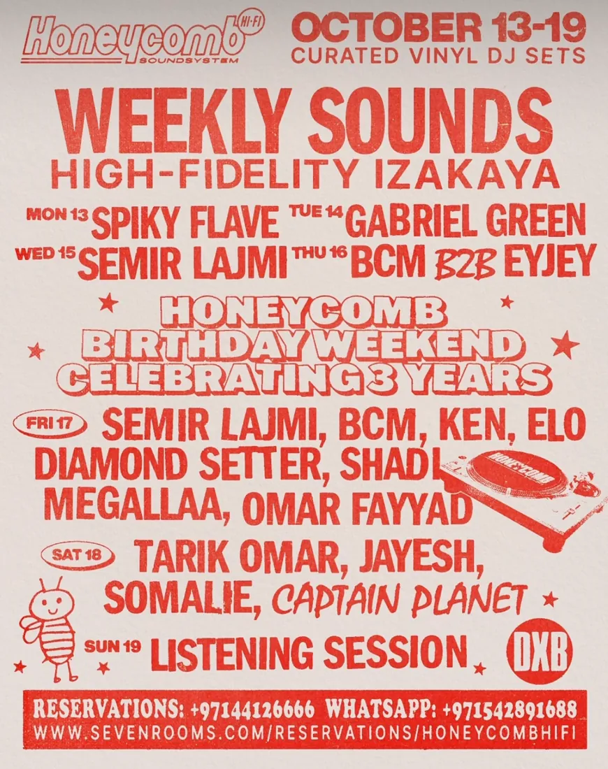 Weekly Sounds October poster with the Honeycomb birthday weekend line-up
