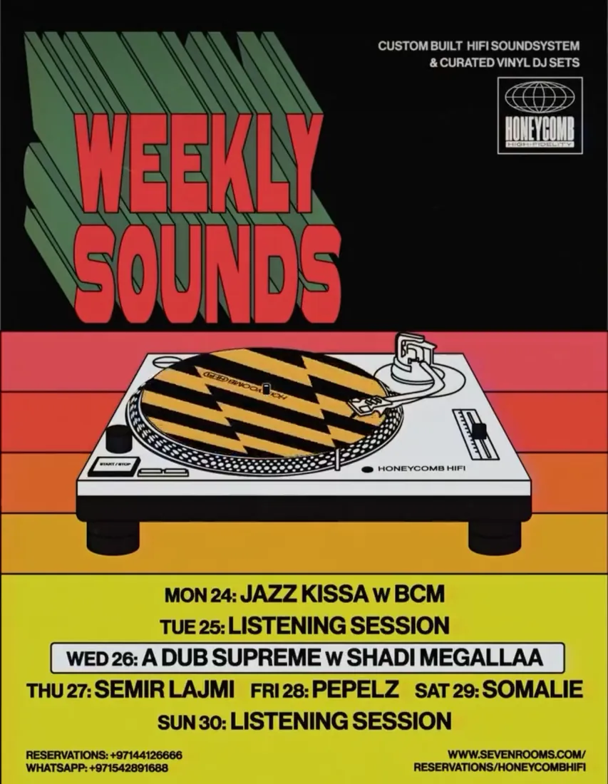 Weekly Sounds poster with an illustrated turntable