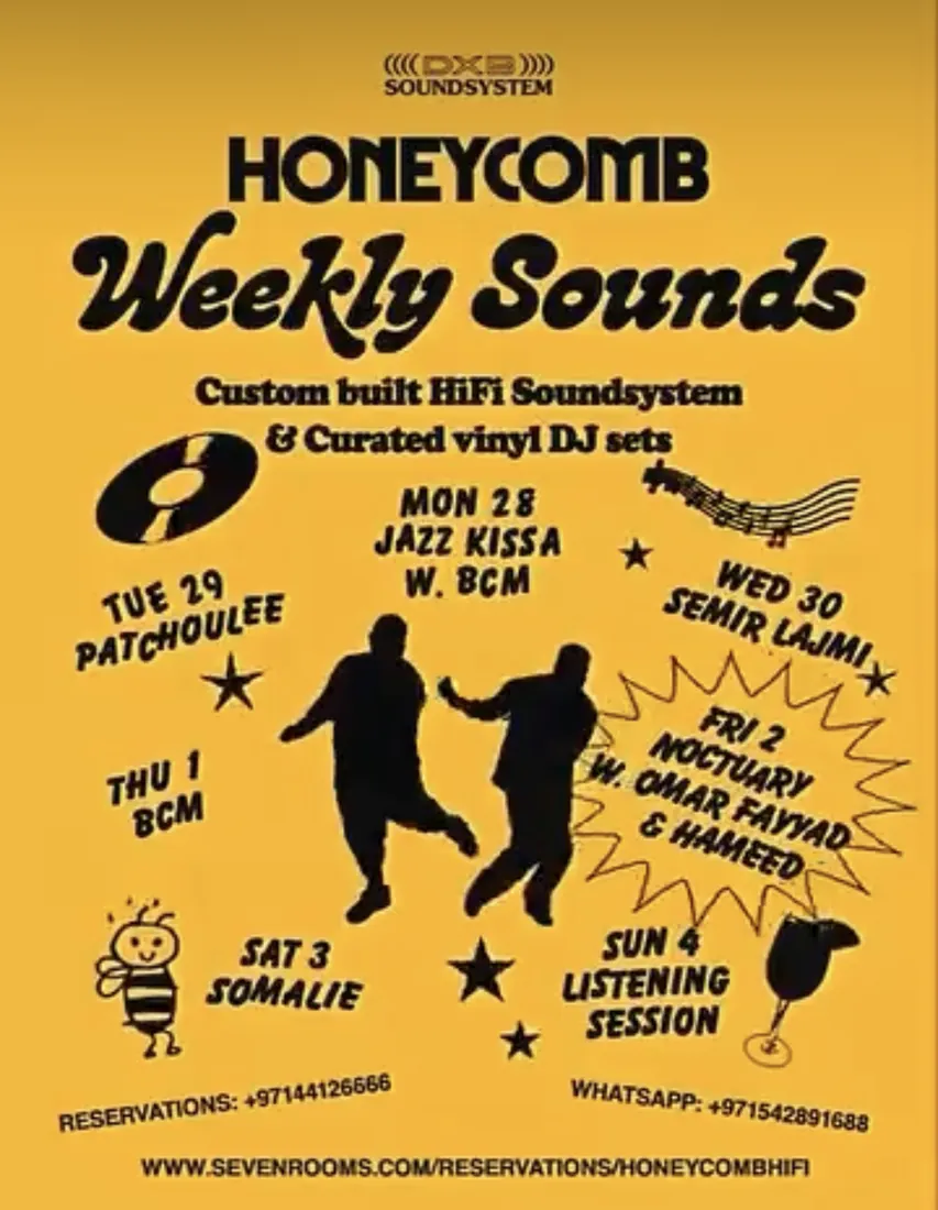 Honeycomb Weekly Sounds poster in yellow with dancing figures